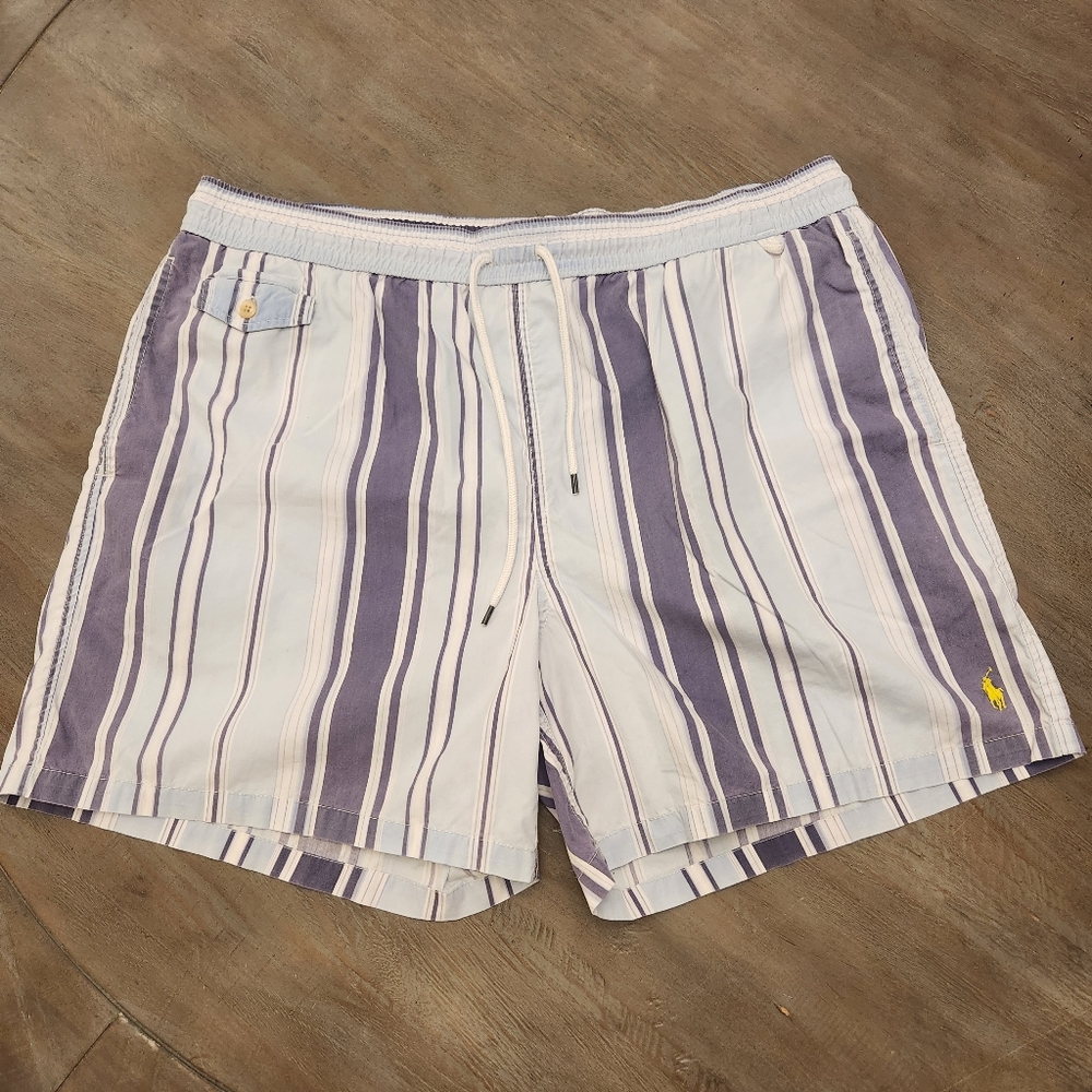 Polo Ralph Lauren Swim Trunks Mens XLT Gray White Stripe Pony Logo Beach Coastal